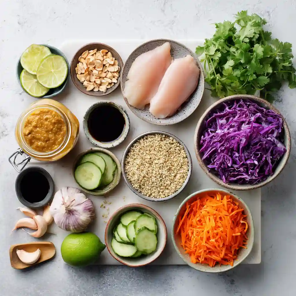 Ingredients for peanut chicken protein bowl with fresh vegetables and peanut sauce
