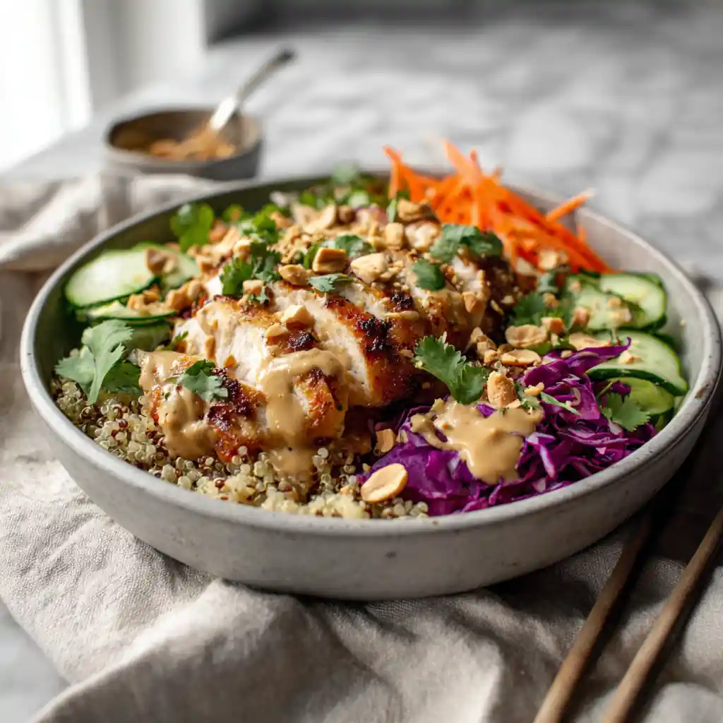 Served peanut chicken protein bowl with grilled chicken and peanut sauce