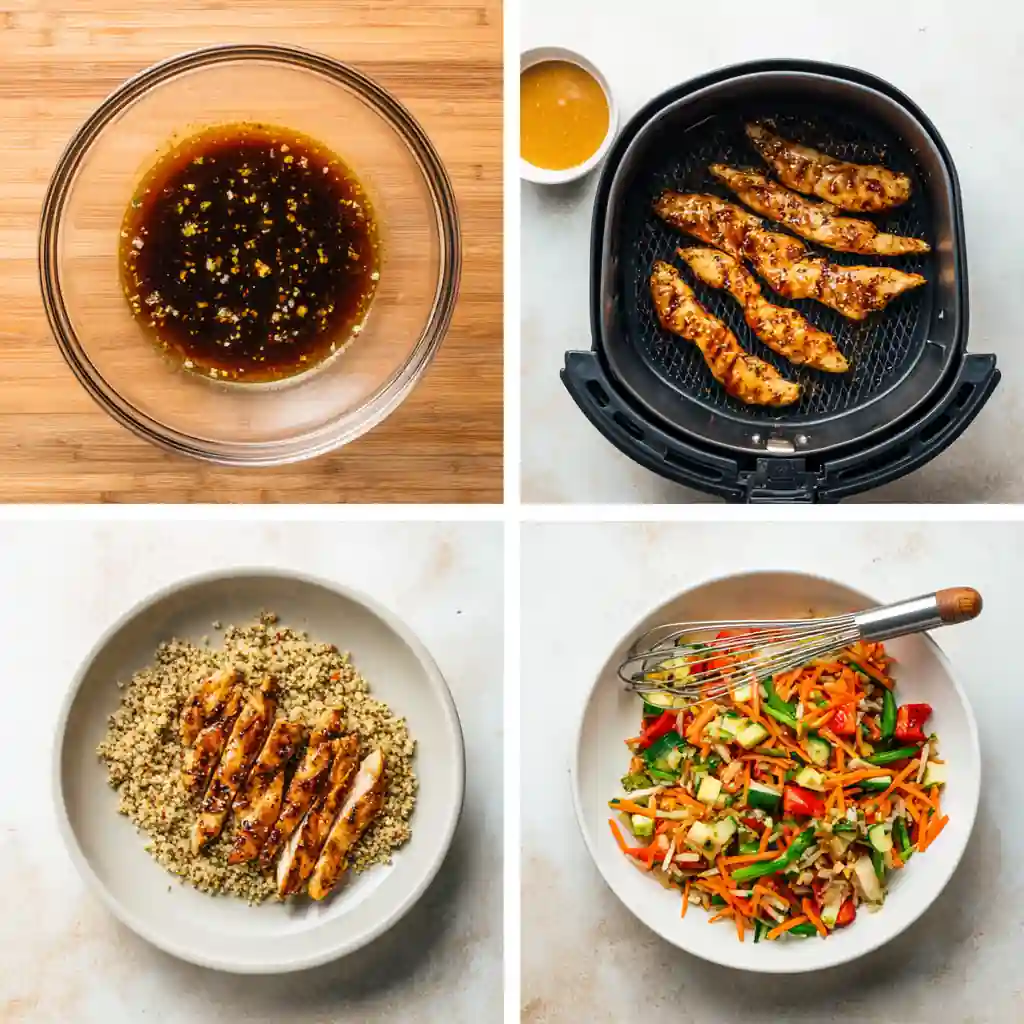 Step-by-step process of making peanut chicken protein bowl with peanut sauce