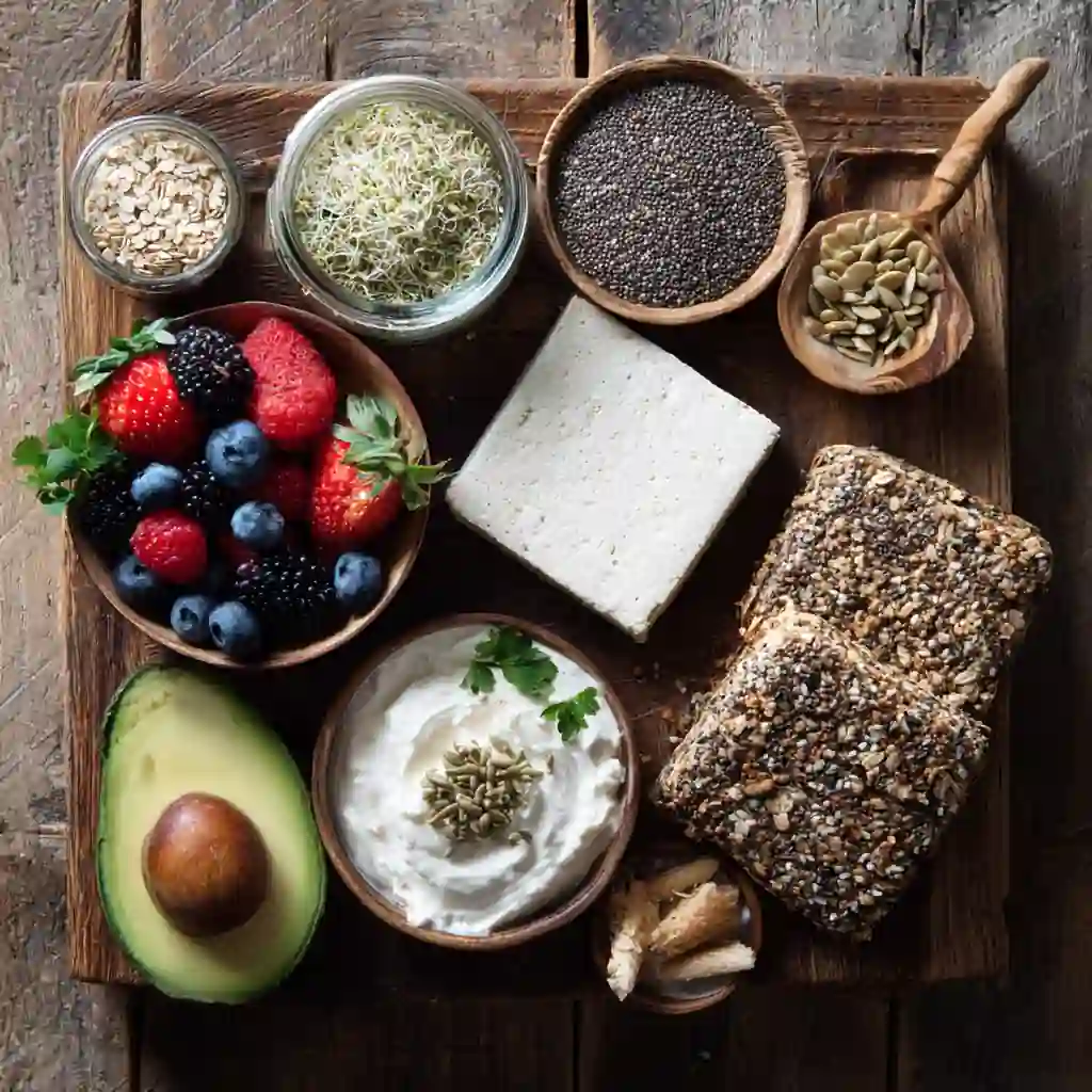 Plant-based protein breakfast ingredients including tofu and chia