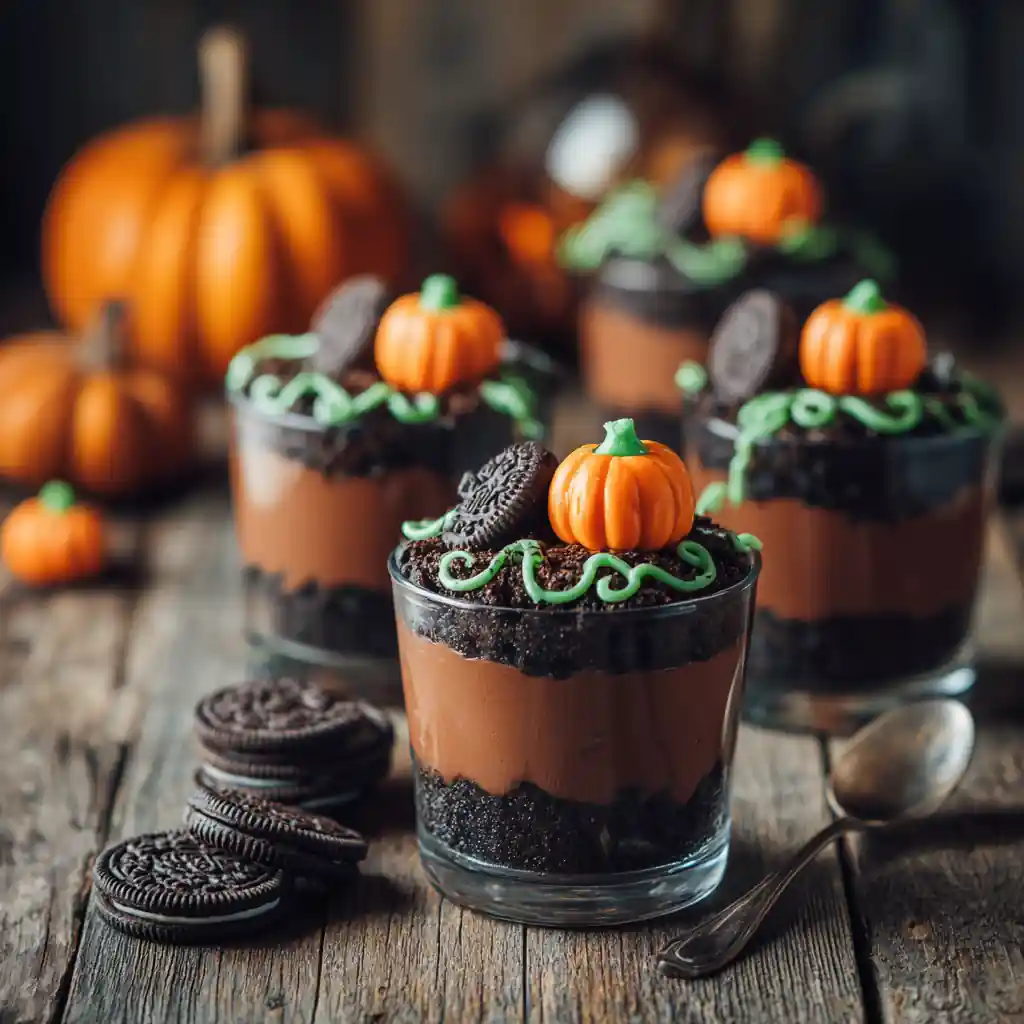 Pumpkin Patch Dirt Cups layered with pudding, Oreos, and candy pumpkins
