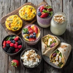 Quick high-protein breakfast foods on a wooden table