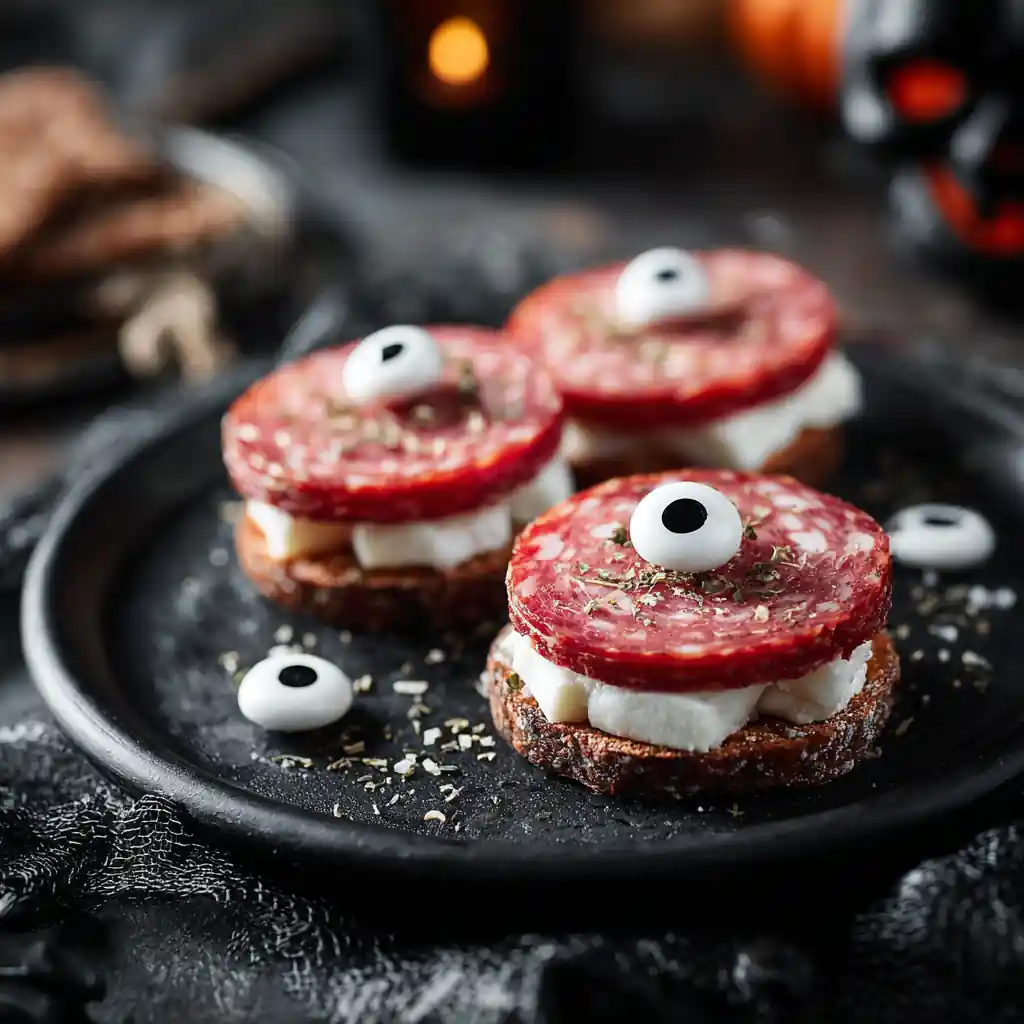Salami mozzarella eyeballs appetizer on Halloween platter