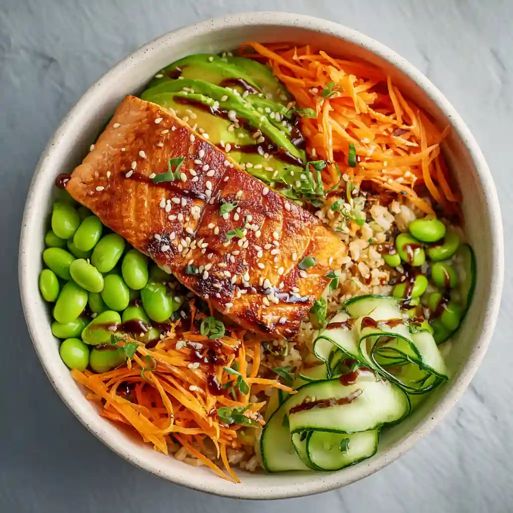 Salmon protein bowl with avocado, rice, and edamame in a white bowl