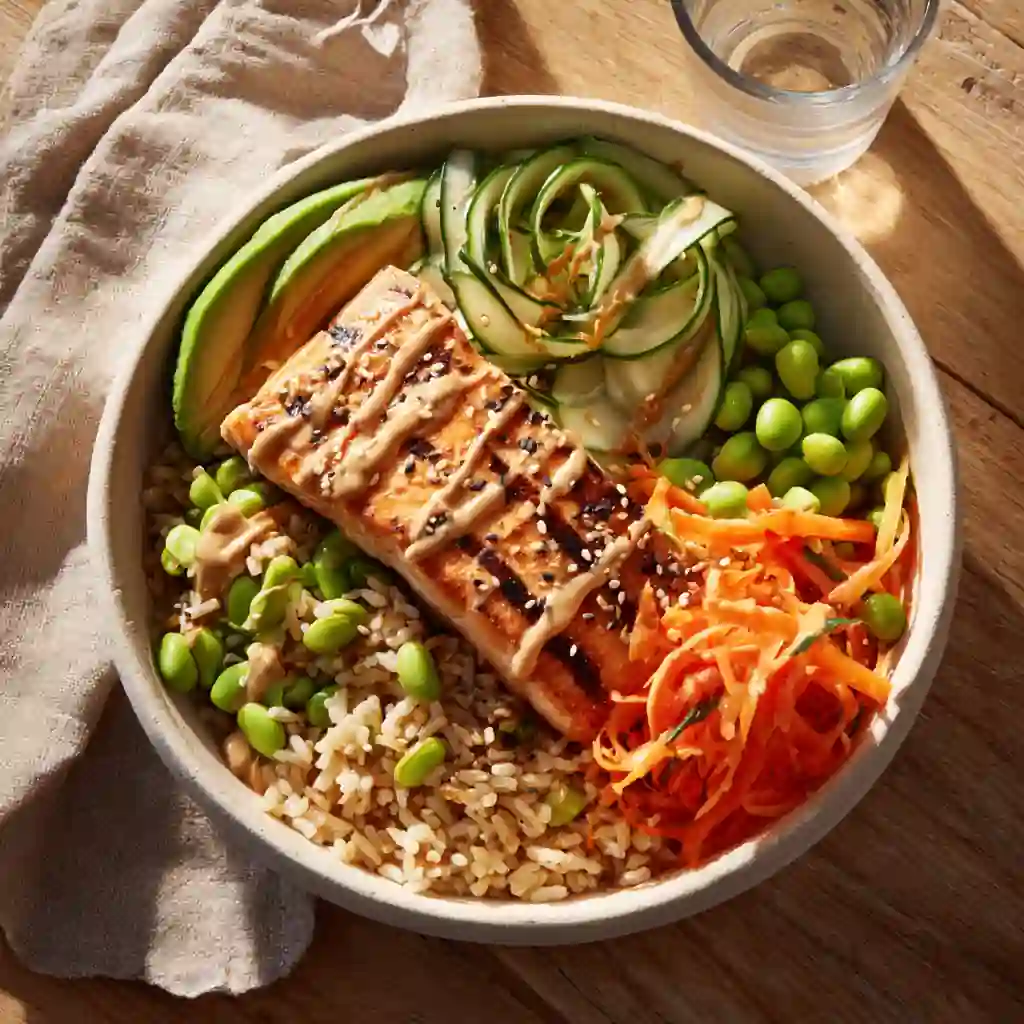 Grilled salmon protein bowl with brown rice, edamame, cucumber, carrot, and avocado slices