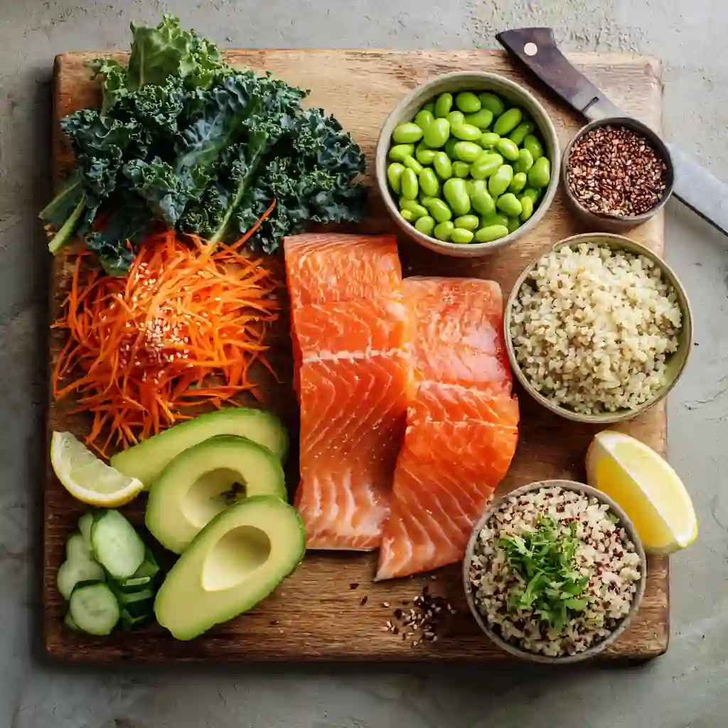 Ingredients for a salmon protein bowl including salmon, grains, and vegetables
