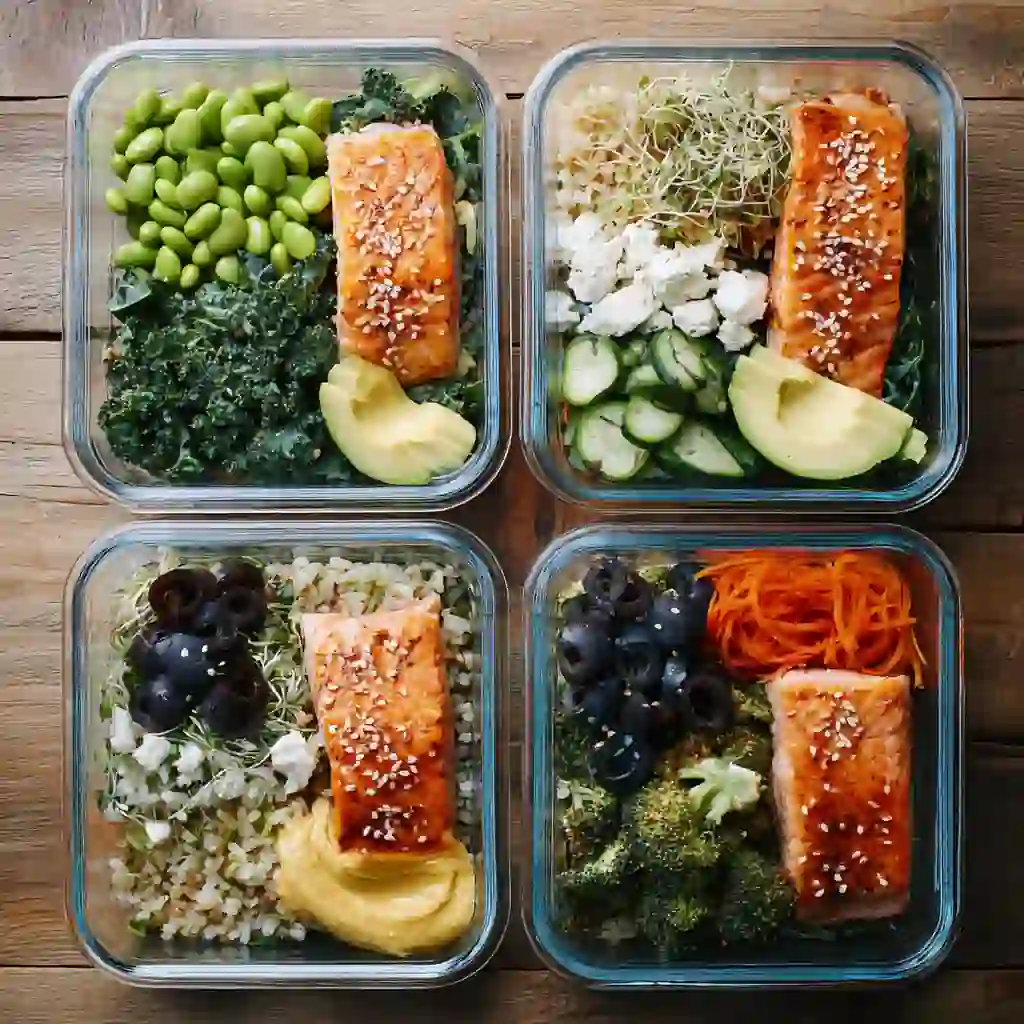Meal prep containers with different styles of salmon protein bowls