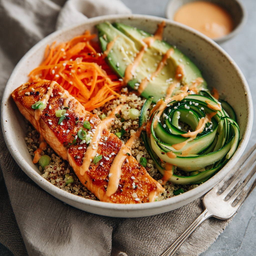 Fully plated salmon protein bowl with colorful toppings and sauce