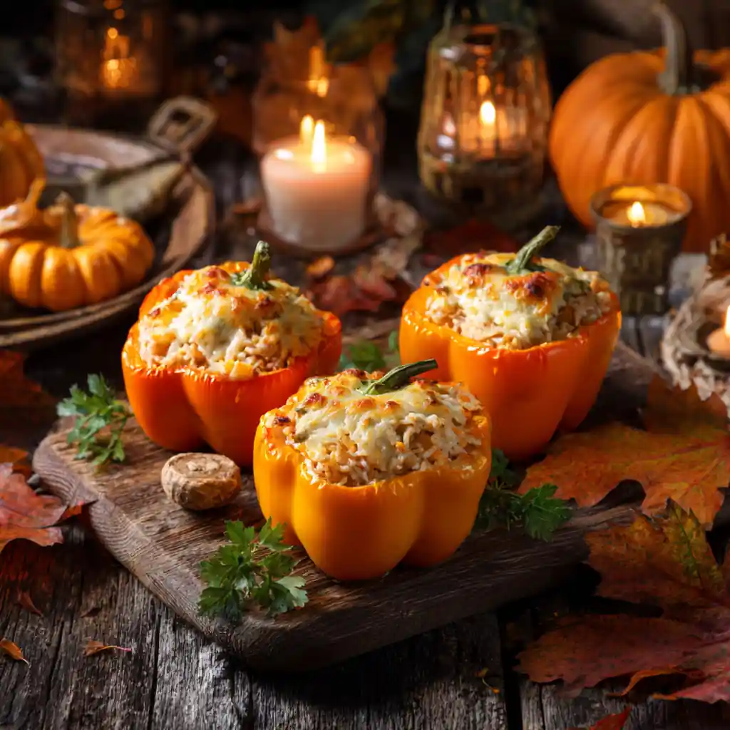 Halloween-style shredded chicken & rice stuffed peppers with jack-o'-lantern faces