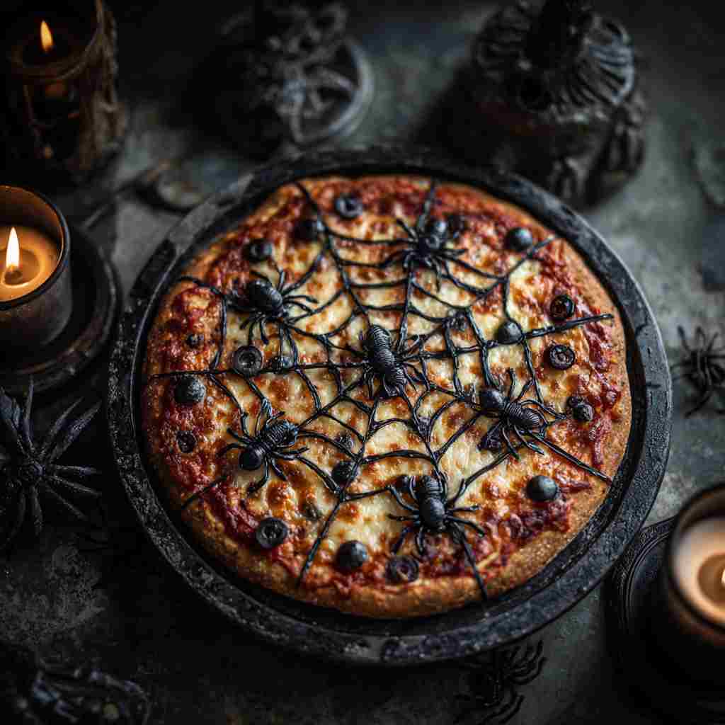 Spider web pizza recipe with mozzarella web and olive spiders