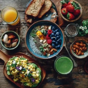 Vegetarian high-protein breakfast spread with chia, tofu, and avocado toast