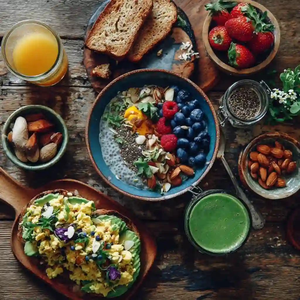 Vegetarian high-protein breakfast spread with chia, tofu, and avocado toast