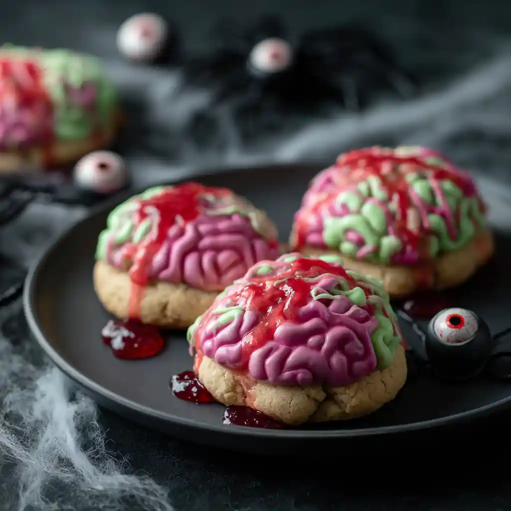 Zombie Brain Cookies with jam filling and eerie icing detail