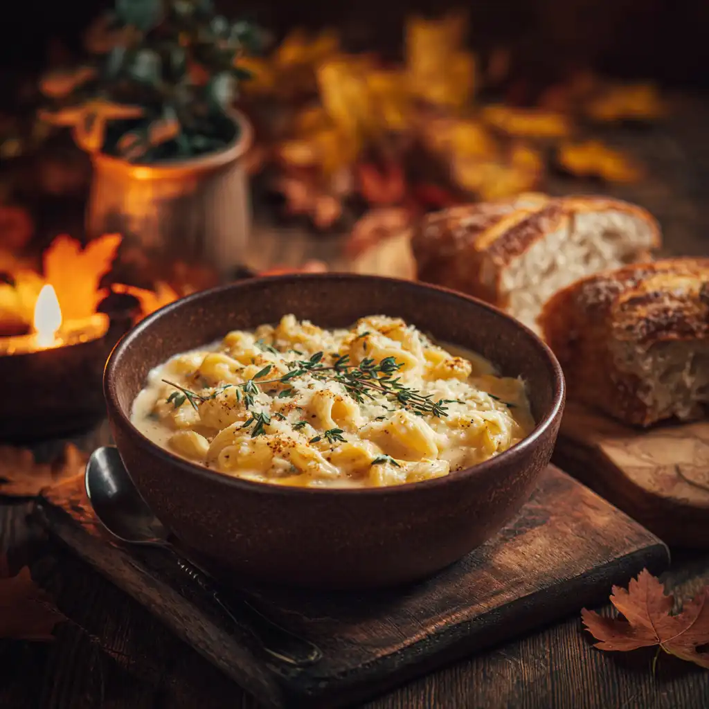 creamy 3-Cheese Mac & Soup Hybrid in a rustic bowl with fall decor