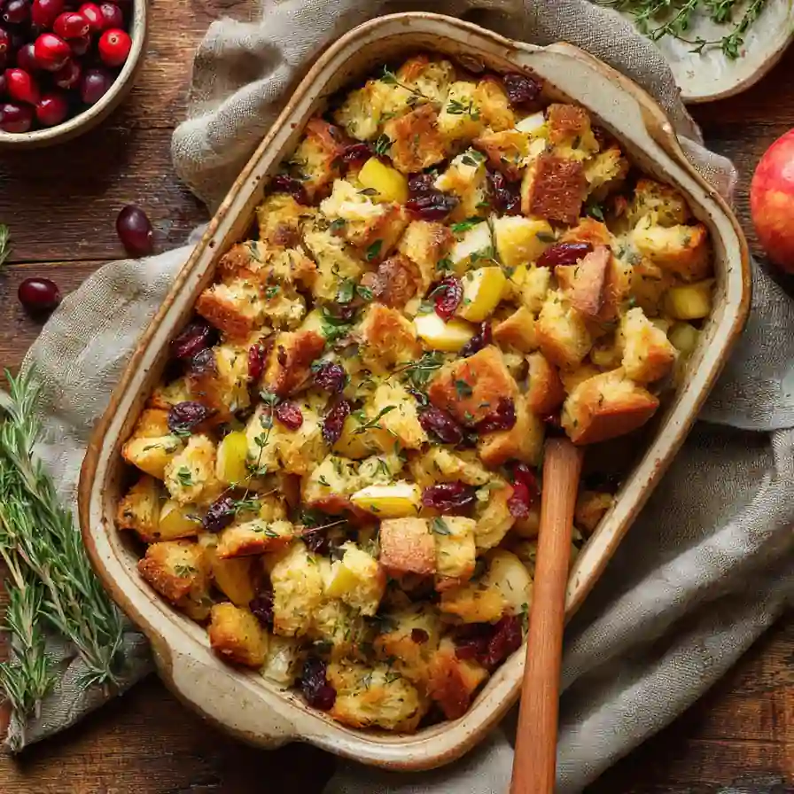 Apple and cranberry stuffing bake in a rustic dish with herbs and golden crust