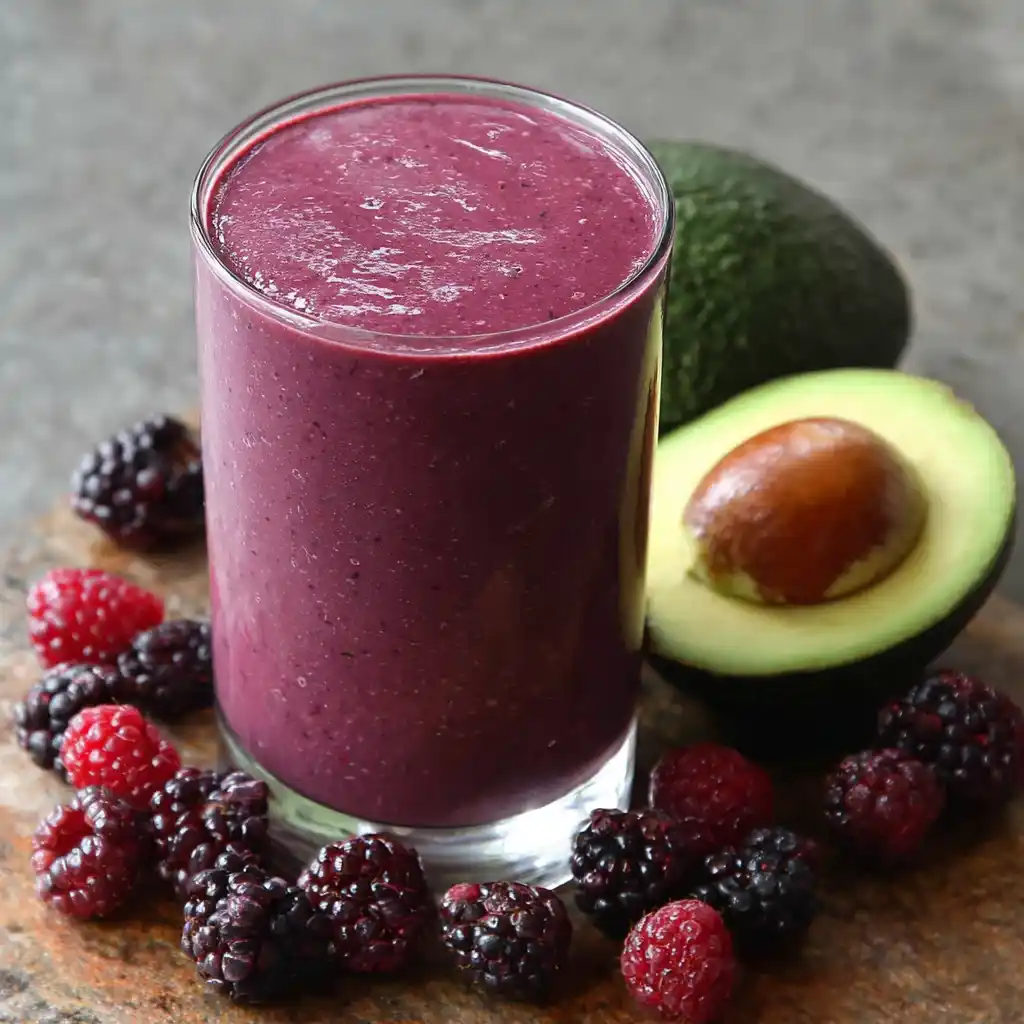 Avocado berry smoothie with strawberries and blueberries