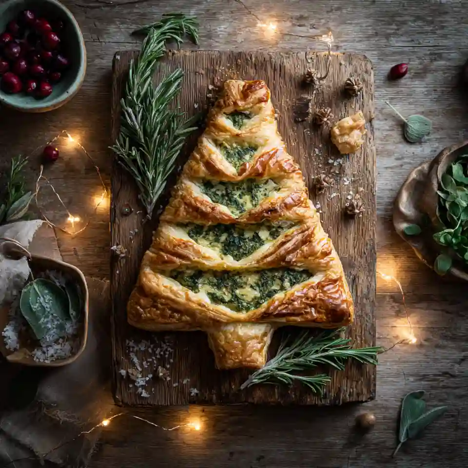 Basil Pesto Puff Pastry Christmas Tree (Easy Holiday Showstopper!) 1 Basil Pesto Puff Pastry Christmas Tree on holiday platter