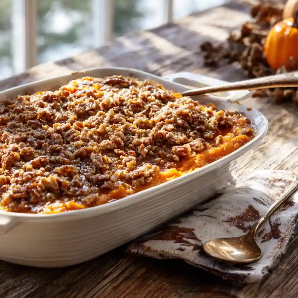 Brown Sugar & Pecan Sweet Potato Casserole on a Thanksgiving table