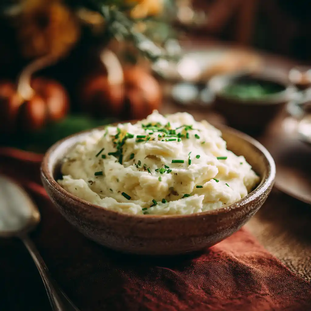 Buttermilk mashed potatoes with chives in a rustic bowl, perfect for Thanksgiving