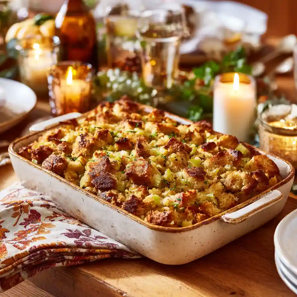 Buttery Herb and Celery Stuffing – The Cozy Classic You Crave 1 Buttery herb and celery stuffing in a baking dish with golden top and fresh herbs