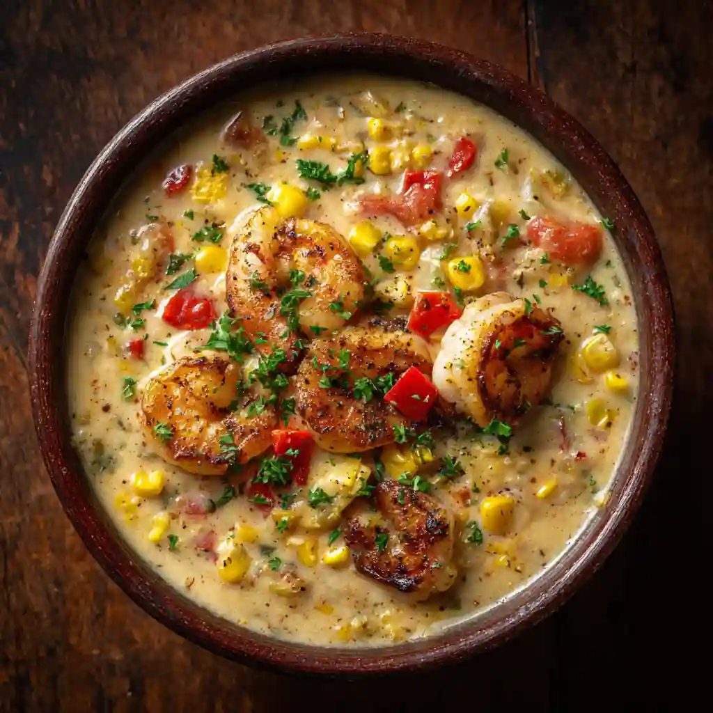 Cajun shrimp and corn chowder in bowl with garnish
