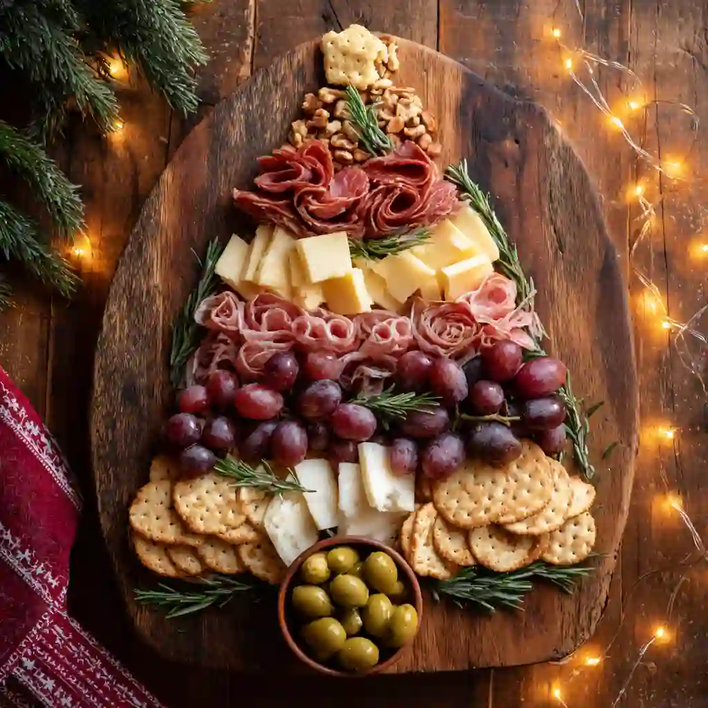 Holiday Charcuterie Tree Board with meats, cheeses, and fruit