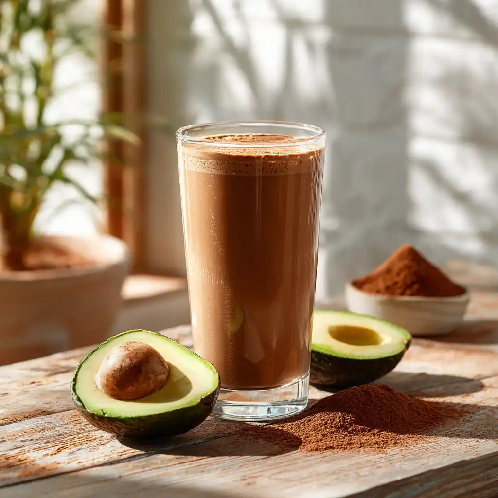 Chocolate Avocado Fat-Burning Smoothie: Shaym’s Morning Game-Changer 1 Chocolate avocado fat-burning smoothie in a glass with ingredients