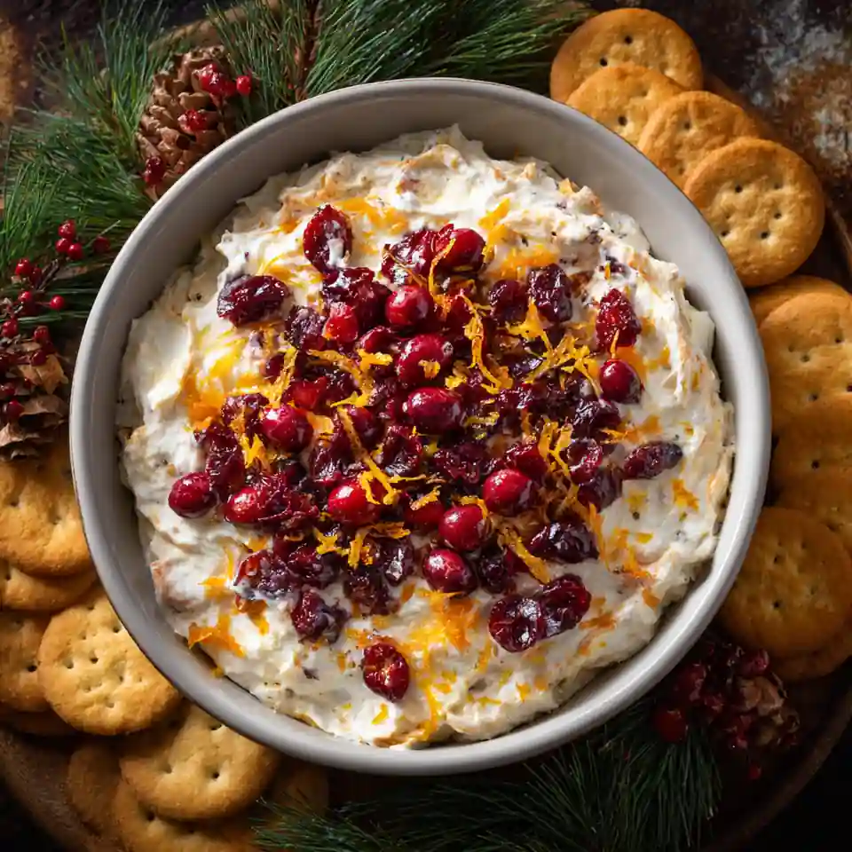 Cranberry Cream Cheese Dip Bake topped with cranberries