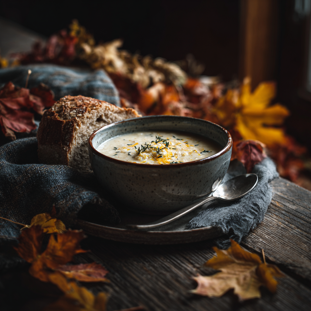 Creamy cauliflower and cheddar soup in a bowl with bread