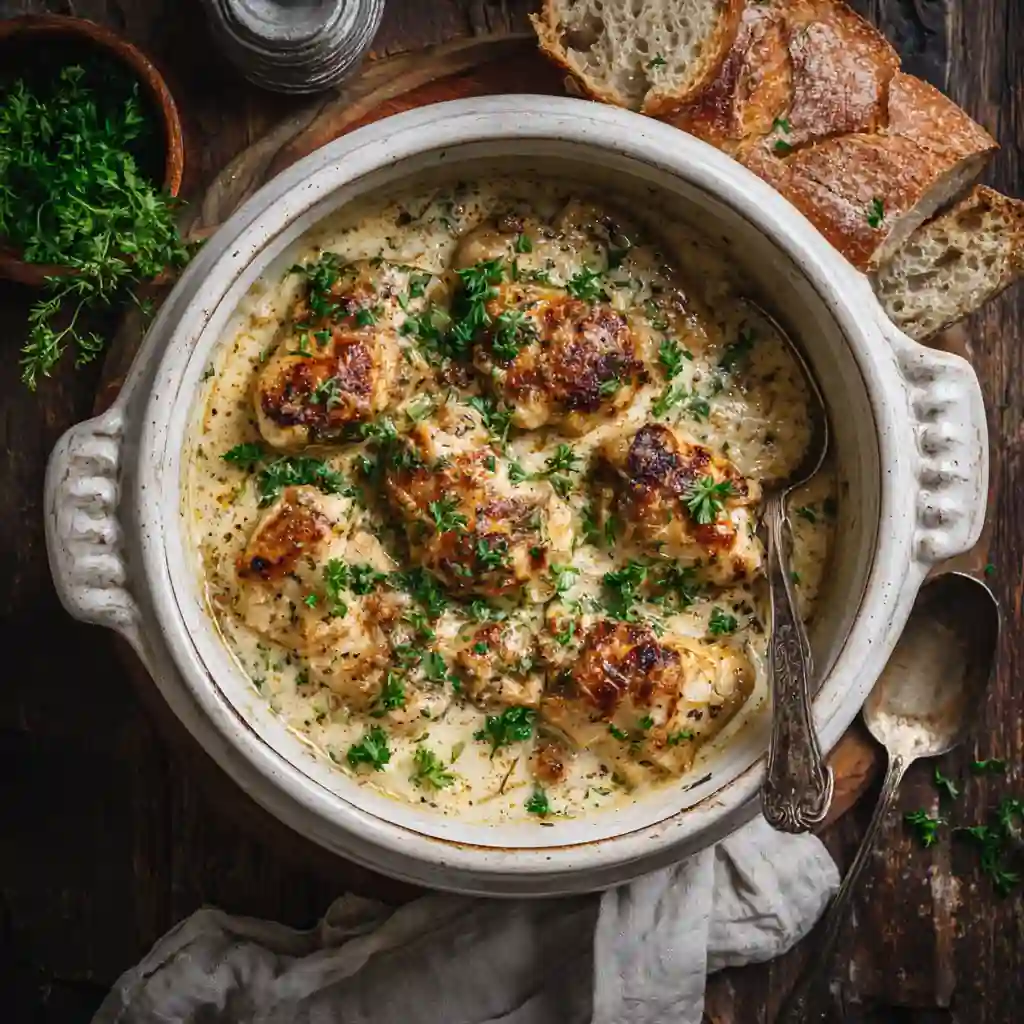 Slow cooker creamy garlic parmesan chicken in bowl with fresh parsley