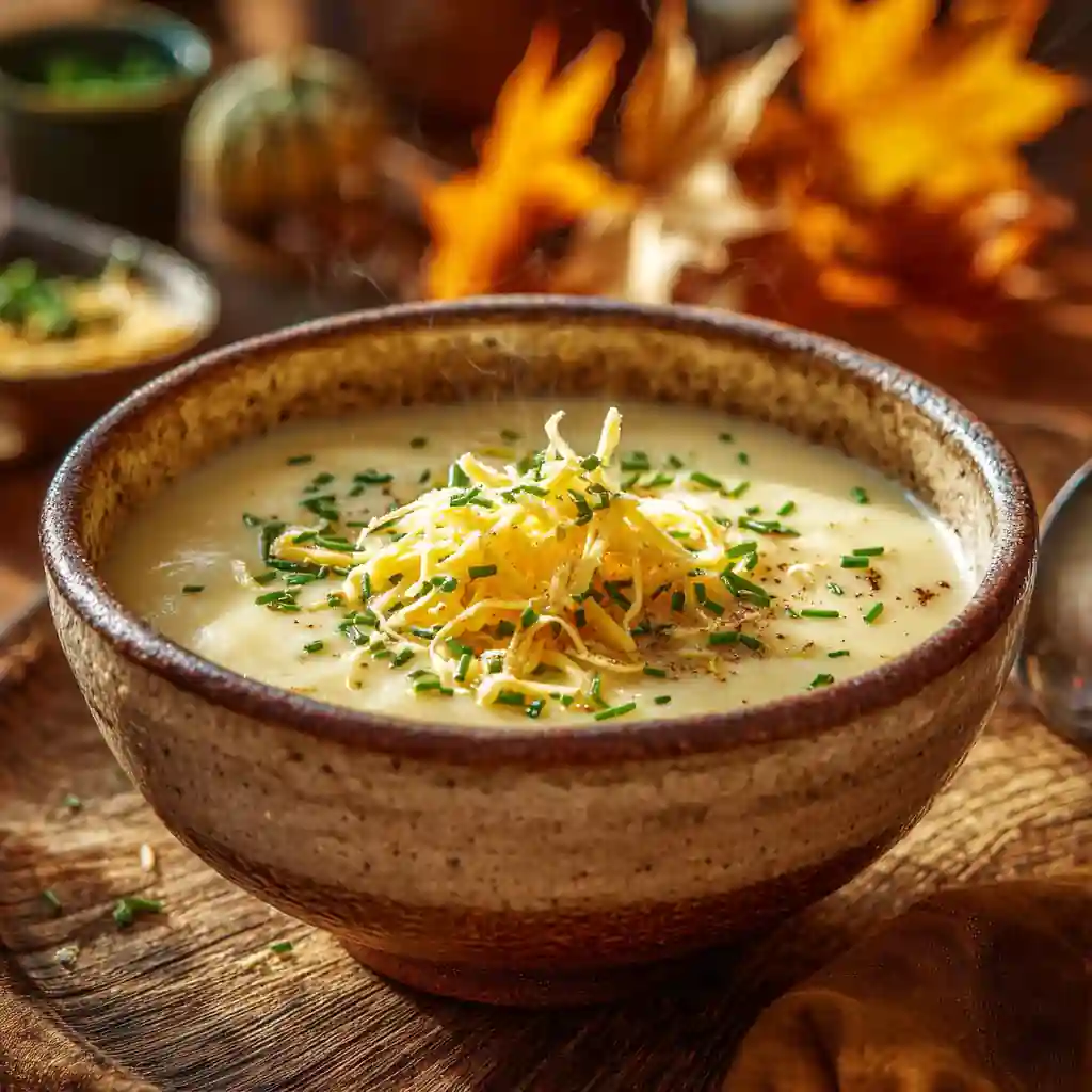 Creamy Leek & Cheddar Soup in rustic ceramic bowl