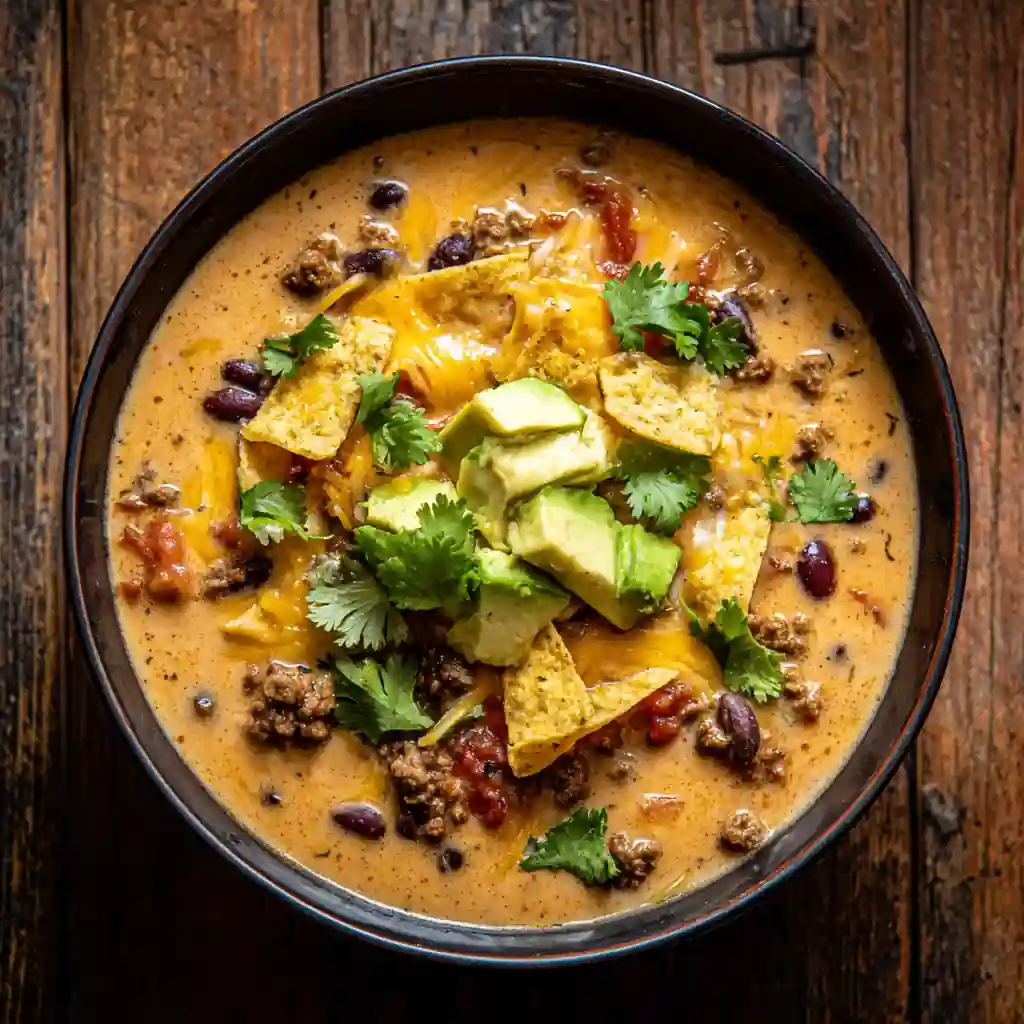 Bowl of creamy taco soup with toppings