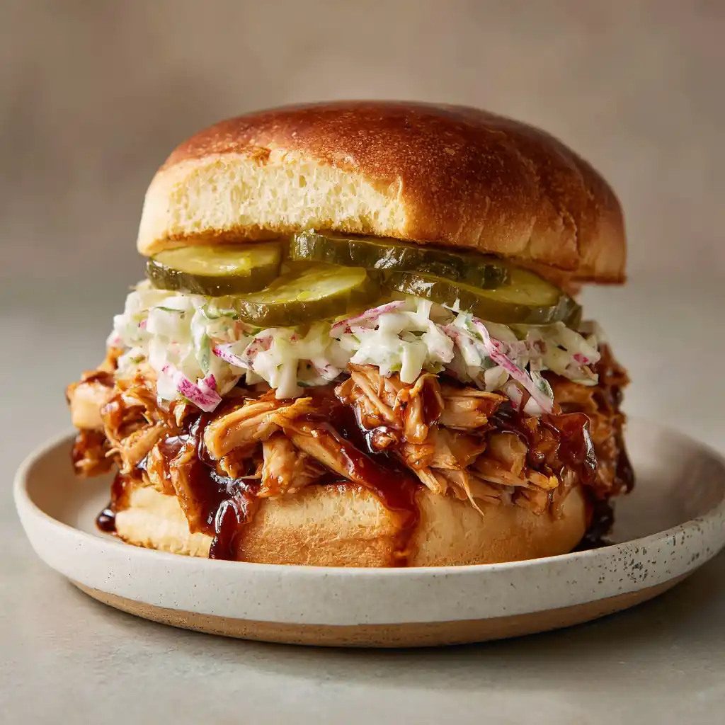 5-Ingredient Crockpot BBQ Chicken Sandwiches – Saucy, Simple & Crowd-Pleasing 1 Crockpot BBQ chicken sandwiches on toasted buns with pickles and coleslaw