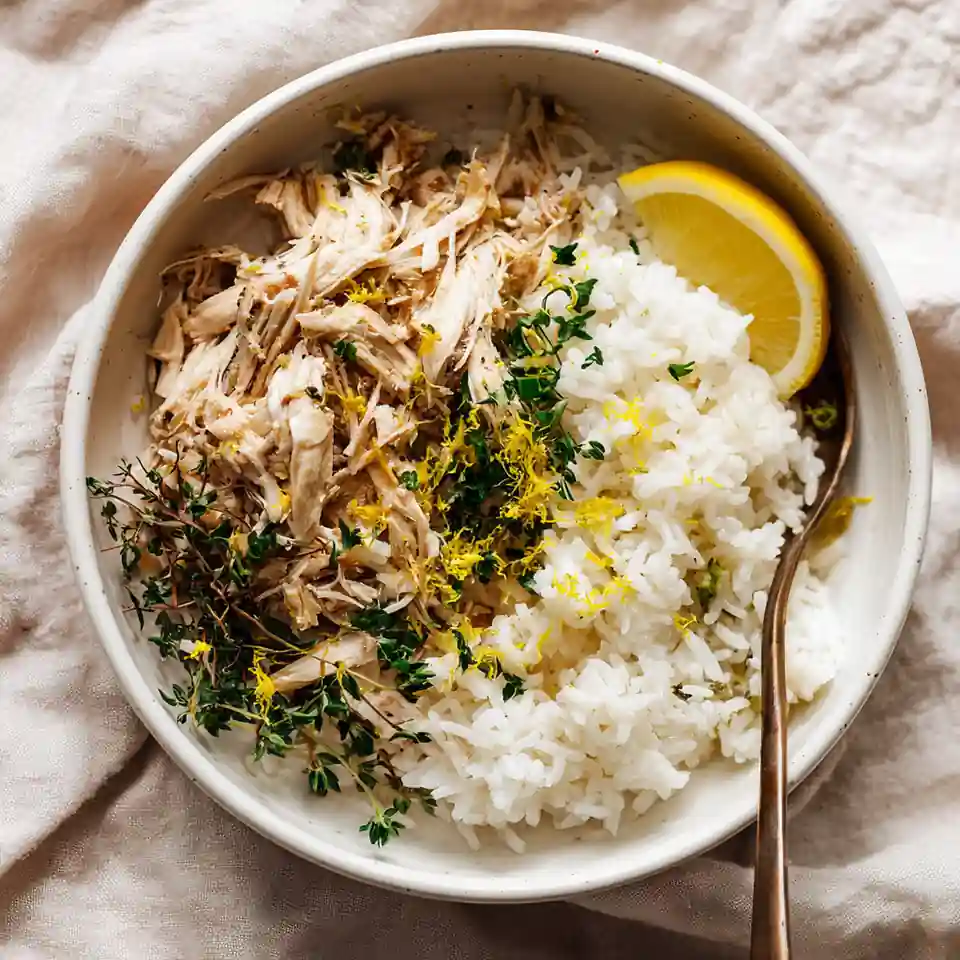 Crockpot Chicken & Rice with Lemon Herb Butter – Bright, Buttery & Effortless 1 Crockpot chicken and rice with lemon herb butter, served in a white bowl with fresh herbs