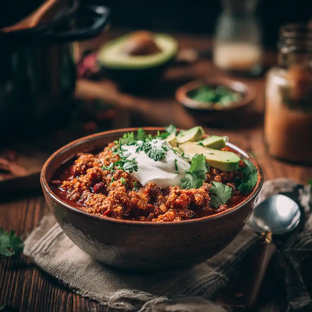 Crockpot Turkey Chili with Quinoa 1 Crockpot turkey chili with quinoa in a bowl topped with avocado and Greek yogurt