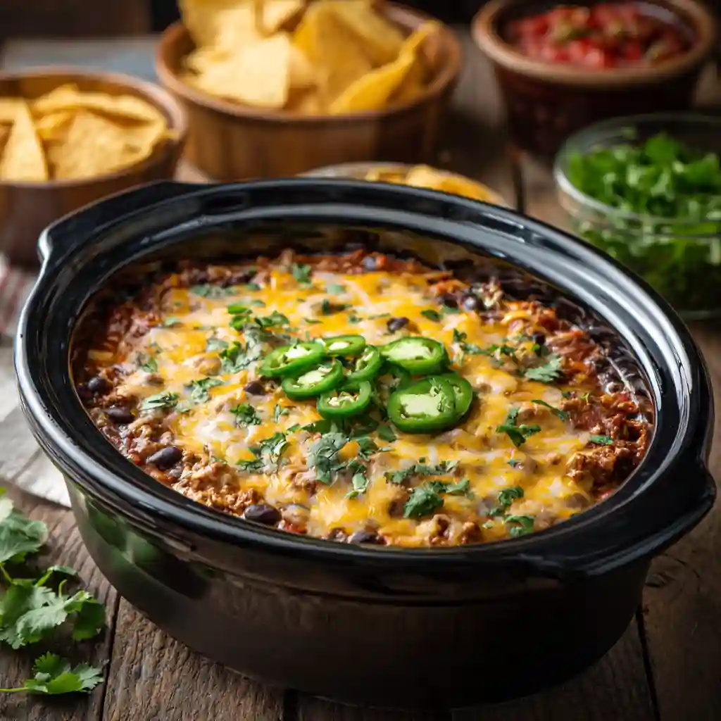 Easy Crockpot Taco Casserole for Family Dinner 1 Easy Crockpot Taco Casserole for Family Dinner with layers of beef, cheese, and tortillas
