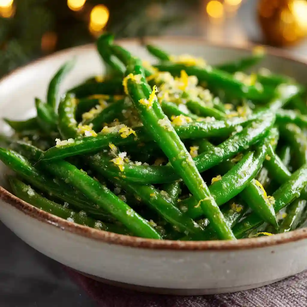 Garlic butter green beans served in a white bowl
