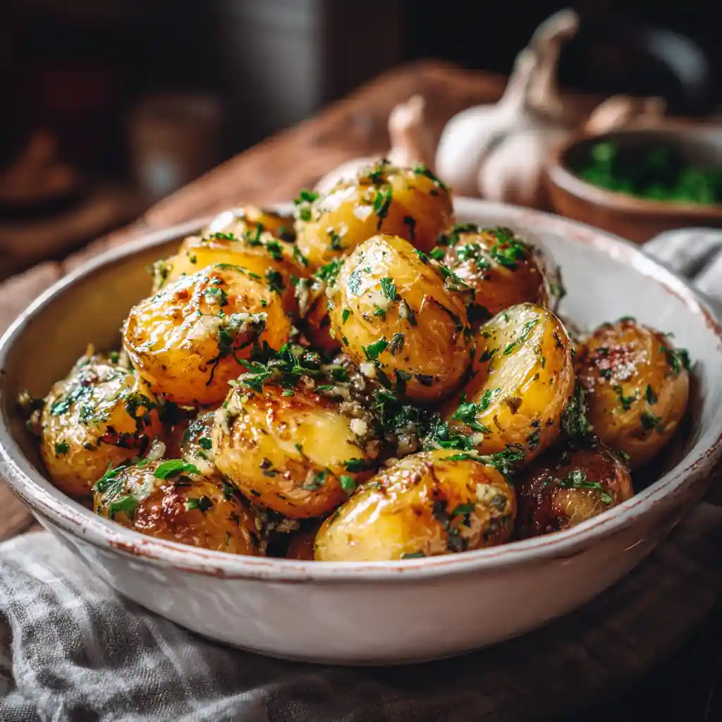 Crispy garlic butter potatoes with parsley in a bowl