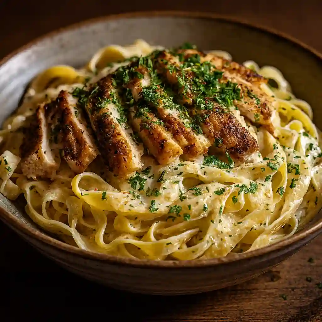 Garlic Parmesan Chicken Pasta in creamy sauce with seared chicken