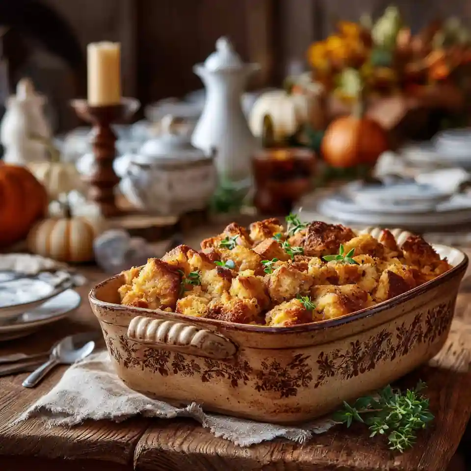 Grandma’s Classic Turkey Stuffing in baking dish with fresh herbs