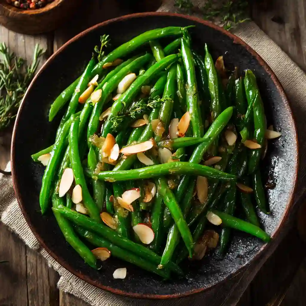 Green Bean Almondine with Garlic Butter served as a Thanksgiving side dish