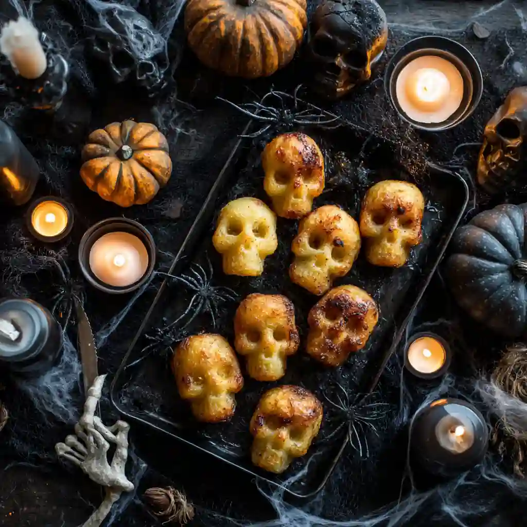 Halloween skull potatoes roasted and served on a tray