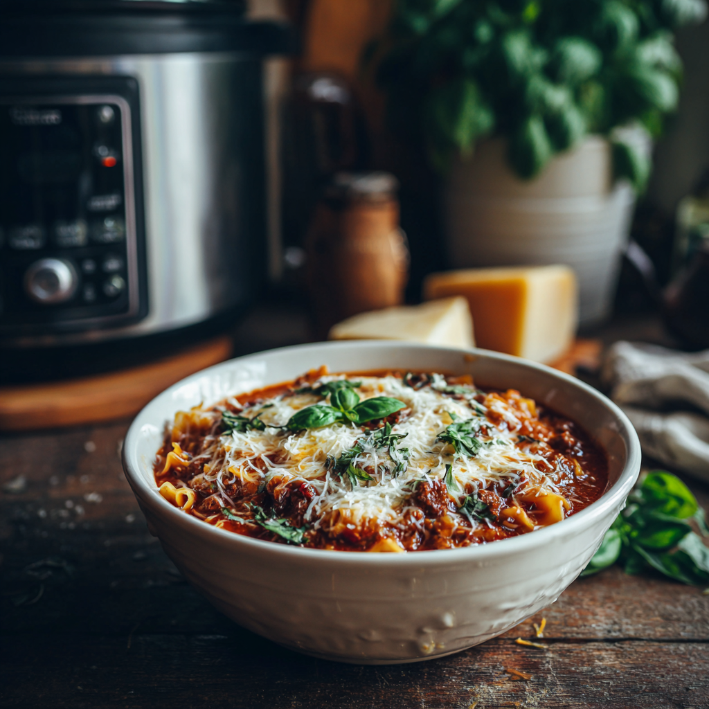 Healthy slow cooker lasagna soup in bowl topped with cheese and basil