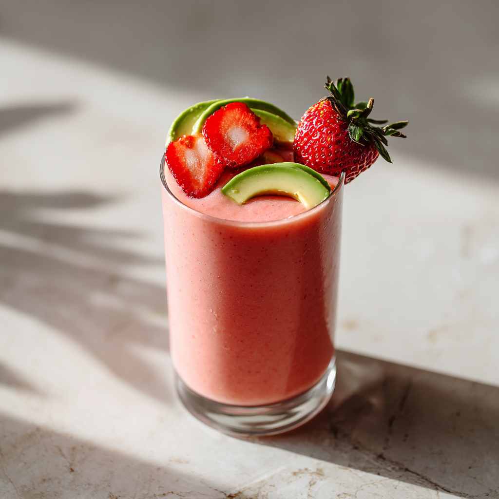 Healthy strawberry avocado smoothie in glass with fresh fruit