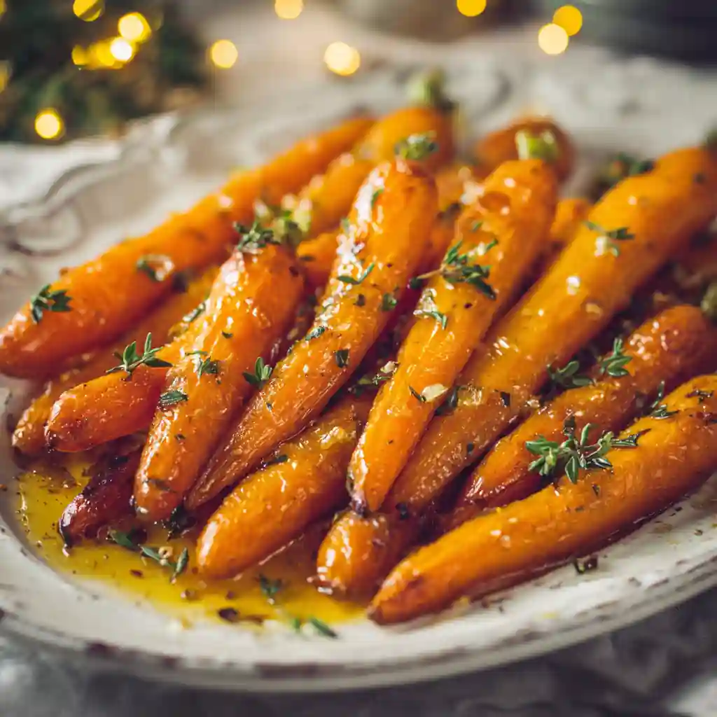 Honey glazed carrots with thyme on a Thanksgiving table