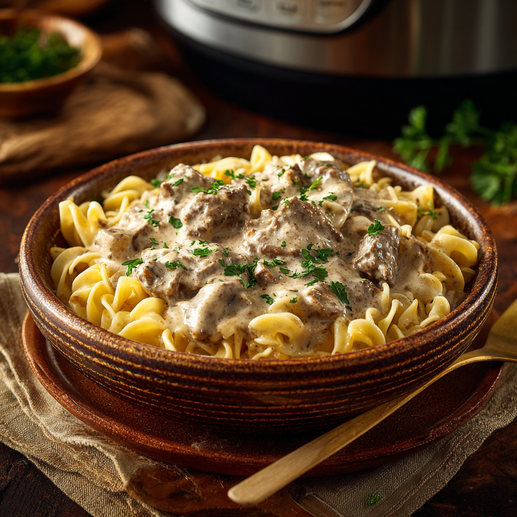 Lazy Day Crockpot Beef Stroganoff in bowl with egg noodles