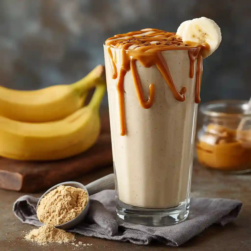 Peanut butter banana protein smoothie in a glass