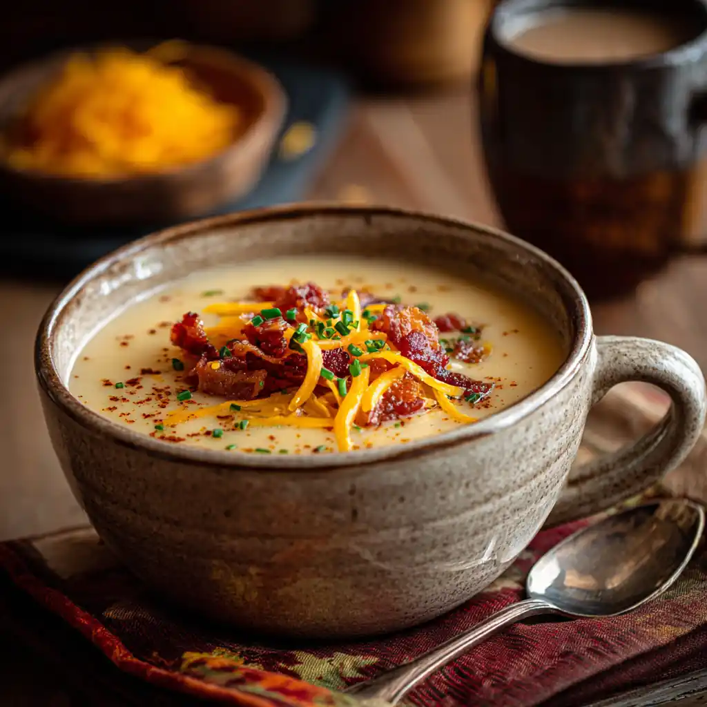 Cozy Potato Soup with Bacon & Cheddar – A Fall Favorite 1 Potato Soup with Bacon & Cheddar in a cozy fall setting