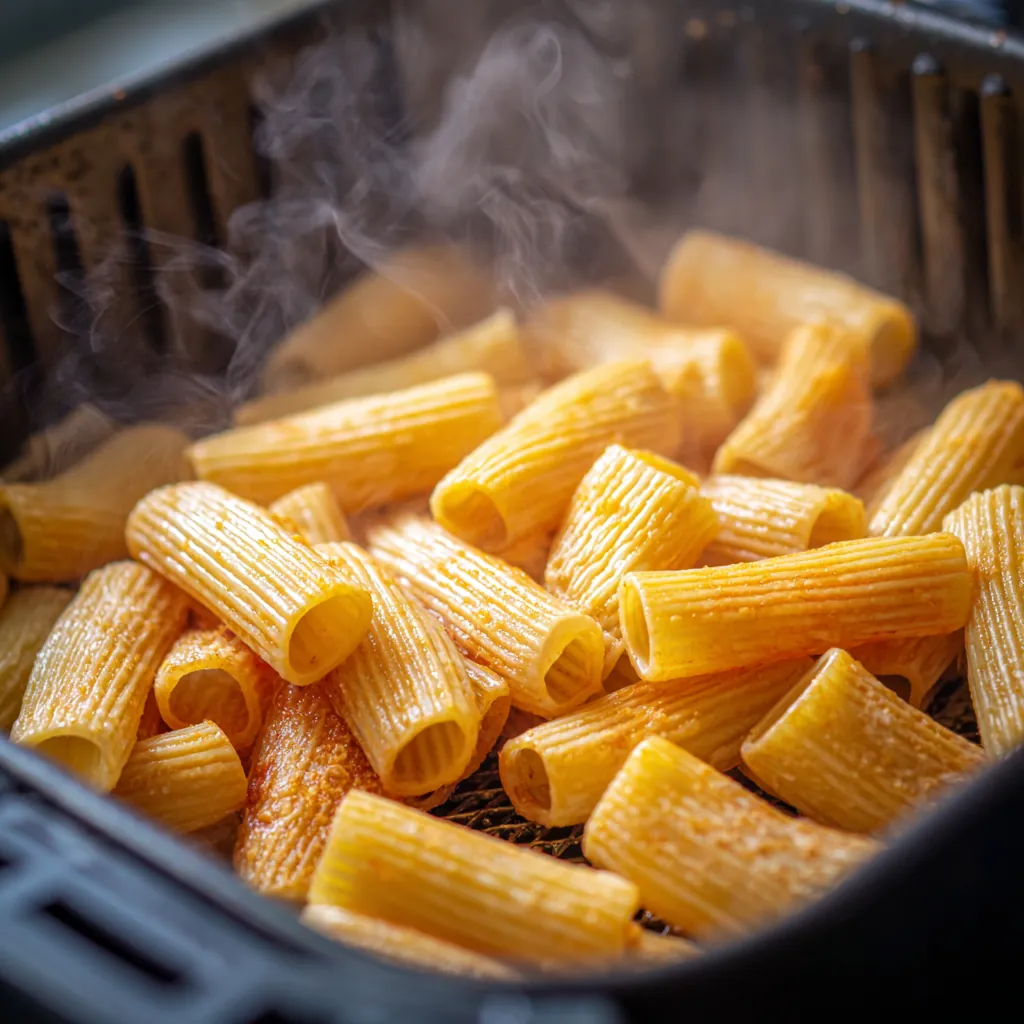 Rigatoni pasta crisping in air fryer