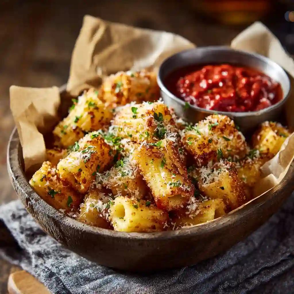 Served rigatoni pasta chips with parmesan and dip